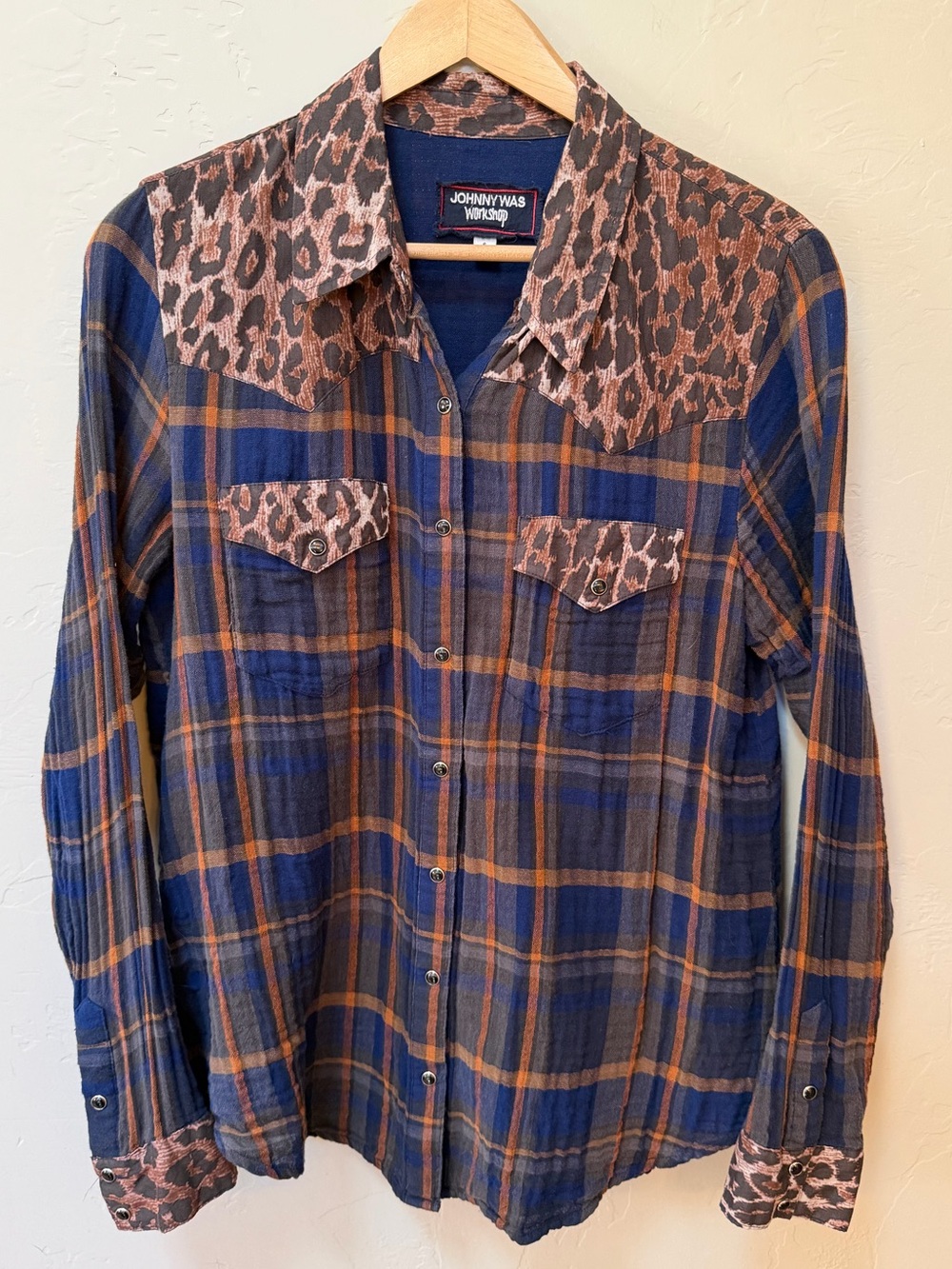 Johnny Was Workshop Plaid Leopard Shirt Boho Western Snap Closure Cotton Sz S